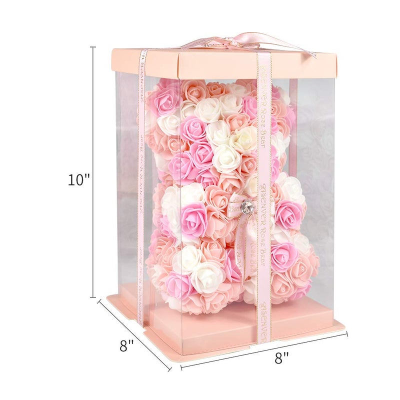 ASENVER Hand Made Artificial Flowers Rose Bear Pure Color for Valentine Birthday and Mother's Day with a 10" Pink Gift Box (Multi Color-Pinkbow) - Image 3